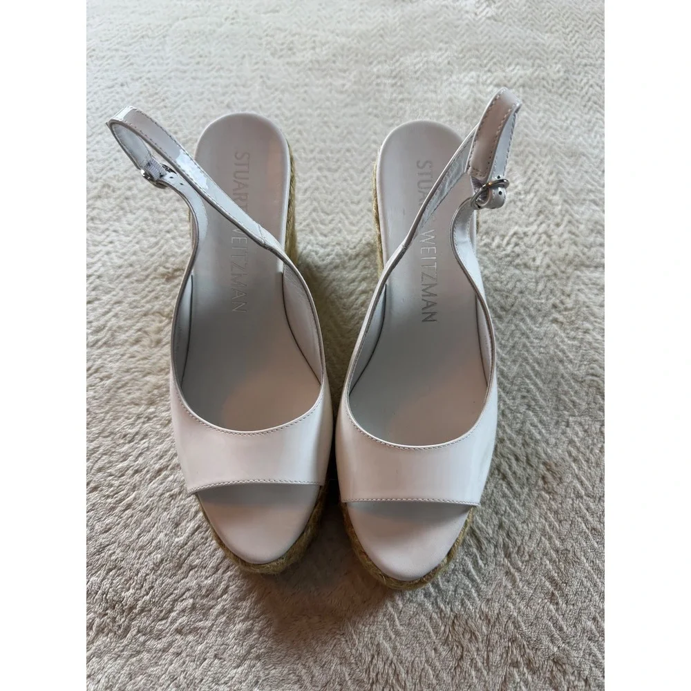 Stuart Weitzman White Patent Leather Espadrille Wedge Slingback Peep Toe 9.5 - Picture 2 of 12